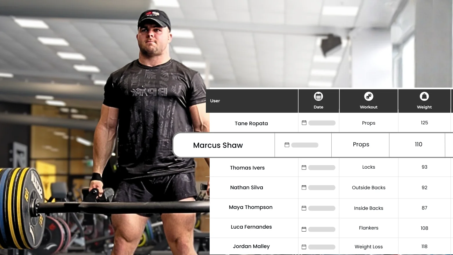 Strength and conditioning leaderboard inside Elite Rugby App, deadlifting athlete next to a squad table showing player names, positions and weight lifted across props, locks, outside backs, inside backs, flankers and weight-loss programmes.