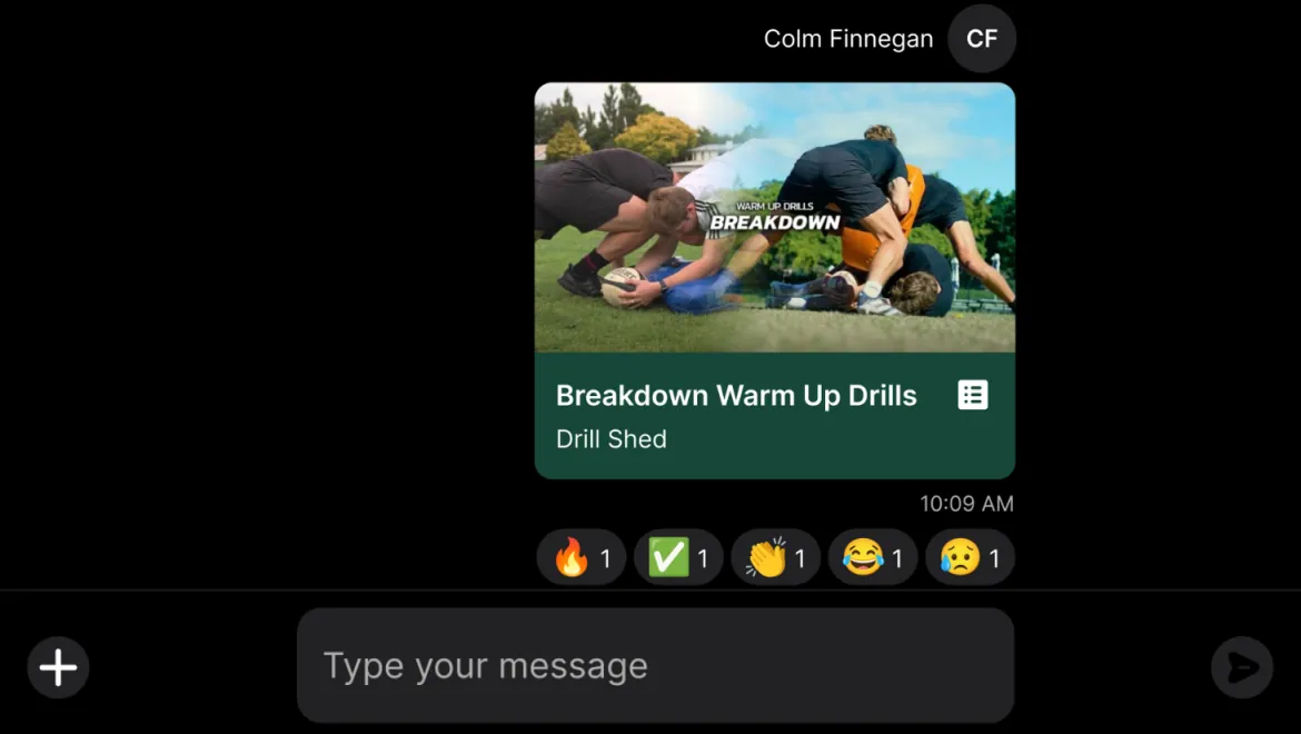 Coach Colm Finnegan sharing a Breakdown Warm Up Drills clip with the team inside Elite Rugby App, with five player reactions on the message.